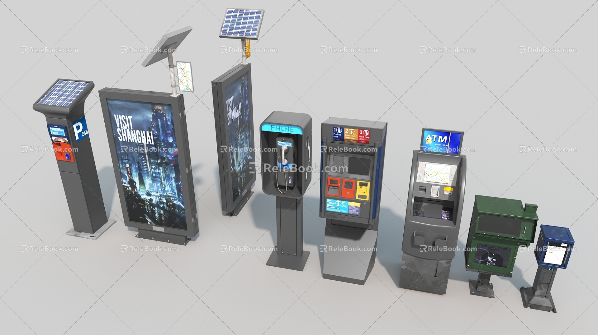 Road Facilities Retro Billboard Telephone Booth ATM Mailbox 3d model