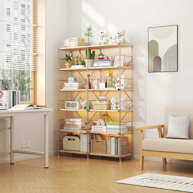 Indoor Multi Tiered Storage Shelf With Books Plants Stuffed Toys Storage Boxes And Decorations 3d model 