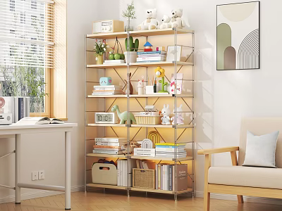 Indoor Multi Tiered Storage Shelf With Books Plants Stuffed Toys Storage Boxes And Decorations 3d model