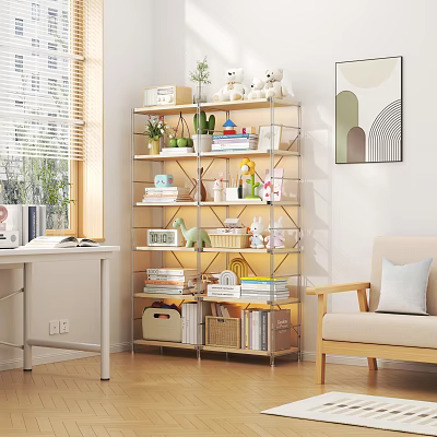 Indoor Multi Tiered Storage Shelf With Books Plants Stuffed Toys Storage Boxes And Decorations 3d model