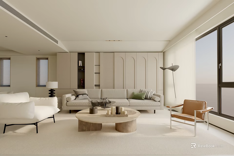 Modern Living Room Interior With Sofa Coffee Table Armchair Floor Lamp And Large Window 3d model 
