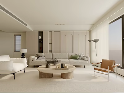 Modern Living Room Interior With Sofa Coffee Table Armchair Floor Lamp And Large Window 3d model