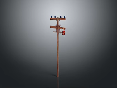 Wooden Utility Pole Structure With Black Insulators And Red Equipment 3d model
