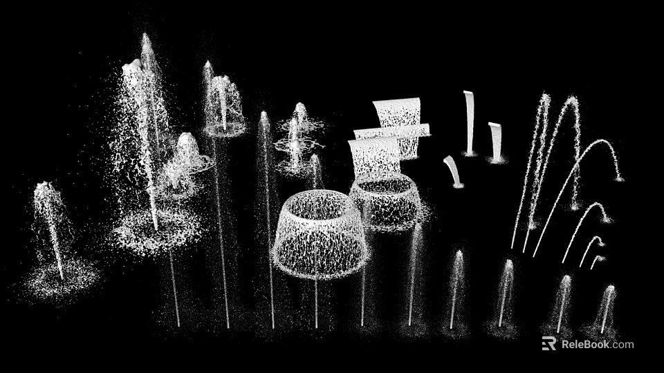 Modern Garden Landscape With Abstract Fountain Structures Dot Line Wireframe Design Elements 3d model 