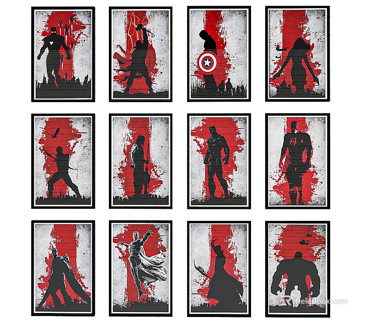 Hero Silhouette Character Paintings With Red Gray Textured Background And City Skyline 3d model 