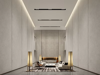 Modern Minimalist Lobby Interior With Neutral Walls Ceiling Lights Floor Rug Sofa Armchairs And Lamps 3d model