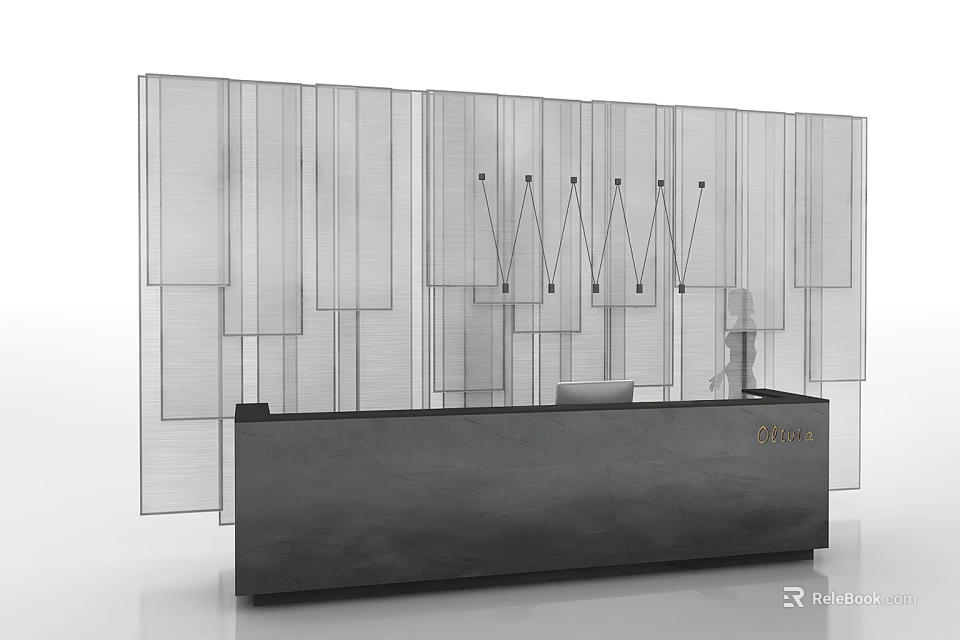Modern Reception Desk With Geometric Grid Backdrop And Sleek Black Surface 3d model
