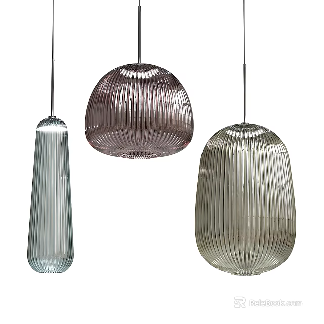 Modern Striped Glass Pendant Lights in Cylindrical and Oval Shapes with Gray Silver Tones 3d model 
