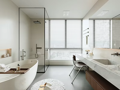 Modern Bathroom Interior Design With Freestanding Bathtub Glass Shower And Marble Vanity Mirror 3d model