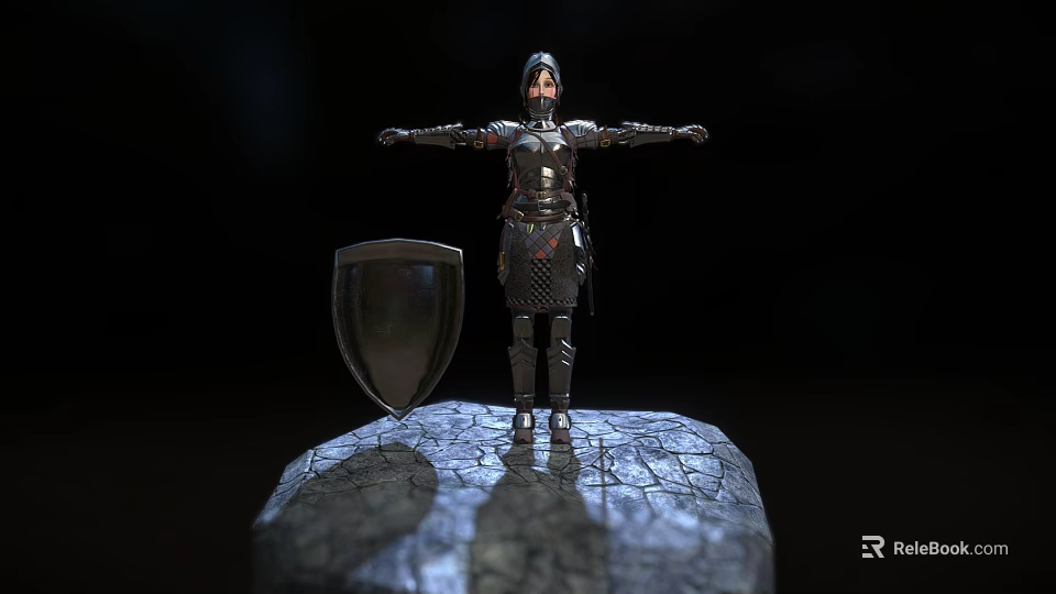 Armored Fantasy Character Standing On Stone Rock With Shield And Metallic Armor 3d model 