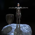 Armored Fantasy Character Standing On Stone Rock With Shield And Metallic Armor
