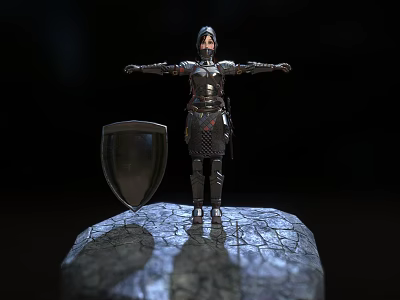Armored Fantasy Character Standing On Stone Rock With Shield And Metallic Armor 3d model