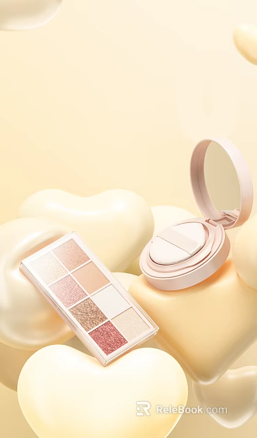 Soft Cream Yellow Cosmetics Featuring Heart Shaped Elements Eyeshadow Palette And Compact Powder Case 3d model