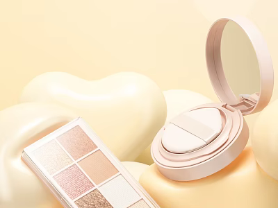 Soft Cream Yellow Cosmetics Featuring Heart Shaped Elements Eyeshadow Palette And Compact Powder Case 3d model