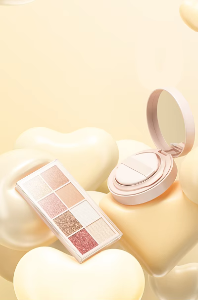 Soft Cream Yellow Cosmetics Featuring Heart Shaped Elements Eyeshadow Palette And Compact Powder Case 3d model