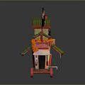 Colorful Street Vendor Cart With Green Roof Red Wheels And Cartoon Cat Decoration