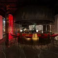 Modern Restaurant Interior With Curved Reception Desk Moon Lamp And Green Plant