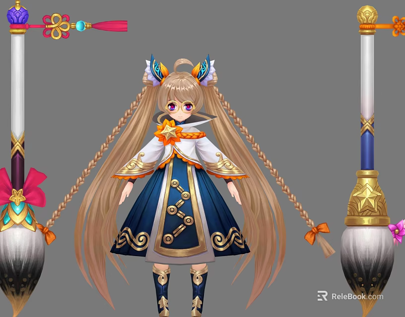 Game Movie Character With Twin Braids Traditional Blue White Dress Gold Patterns Decorative Brush Weapons 3d model 