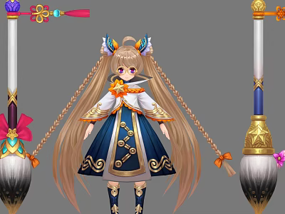 Game Movie Character With Twin Braids Traditional Blue White Dress Gold Patterns Decorative Brush Weapons 3d model