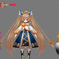Game Movie Character With Twin Braids Traditional Blue White Dress Gold Patterns Decorative Brush Weapons