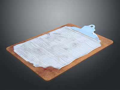 Brown Clipboard Holding Crumpled Paper With Blue Clip And Stains 3d model
