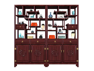 Traditional Chinese Wooden Antique Display Shelf With Vases Tea Sets And Carved Doors 3d model