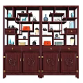 Traditional Chinese Wooden Antique Display Shelf With Vases Tea Sets And Carved Doors