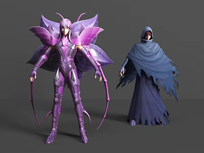 Detailed Game And Movie Characters With Purple Butterfly Wing Armor And Blue Hooded Cloak 3d model