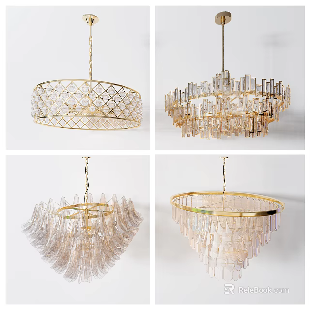 Modern Decorative Crystal Chandeliers In Different Styles With Gold Frame And Transparent Elements 3d model