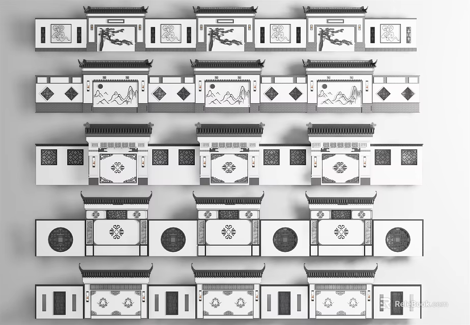Traditional Building Facade Designs Featuring Diverse Decorative Patterns And Architectural Structures 3d model