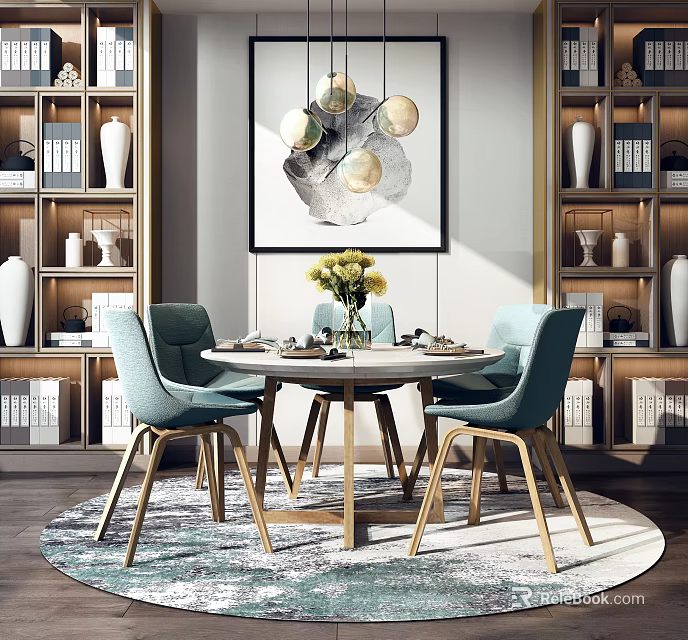 Modern Dining Table Set With Round Top Four Blue Chairs And Pendant Lights 3d model