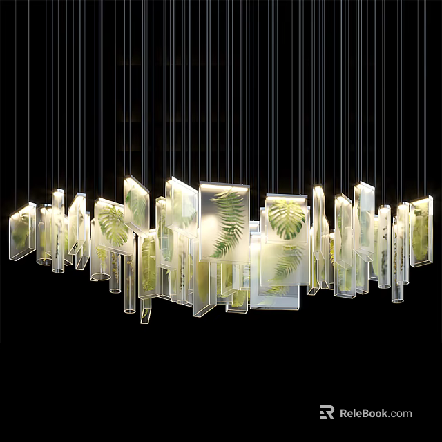 Modern Transparent Glass Chandelier With Leaf Pattern And Illuminated Hanging Design 3d model 