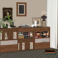 Vintage Wooden Storage Cabinet with Books Wine Bottles Decorations and Plants Near Window