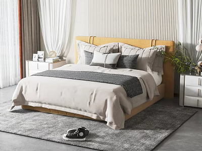 Modern Double Bed In Bedroom With Wooden Headboard Multiple Pillows Gray Blanket And Rug 3d model