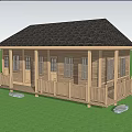 Wooden Cabin Building With Gabled Roof Spacious Porch And Trees People Walking Nearby