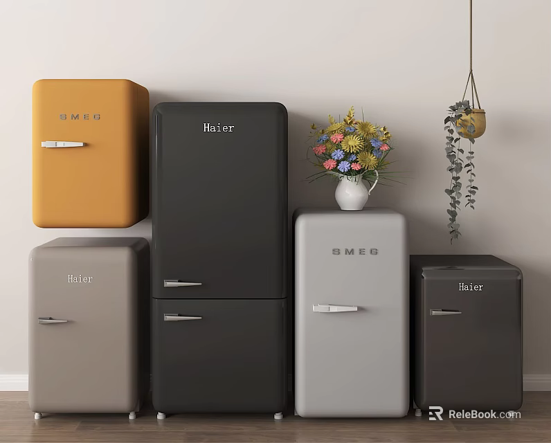 Different Colored Modern Style Refrigerators And Freezers In Interior Display Setup 3d model 