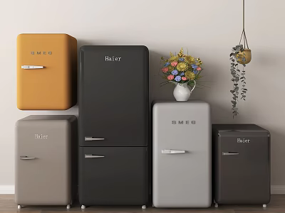 Different Colored Modern Style Refrigerators And Freezers In Interior Display Setup 3d model