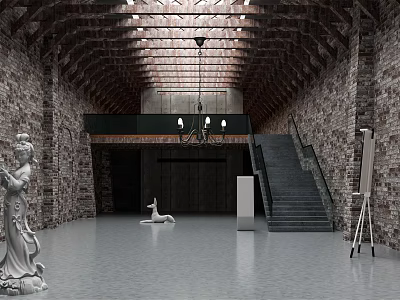 Interior Gallery Space With Brick Walls Wooden Ceiling Chandelier Staircase Sculptures And Easel 3d model