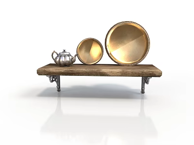 Wooden Shelf With Silver Teapot And Two Golden Plates On 3d model