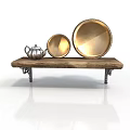 Wooden Shelf With Silver Teapot And Two Golden Plates On