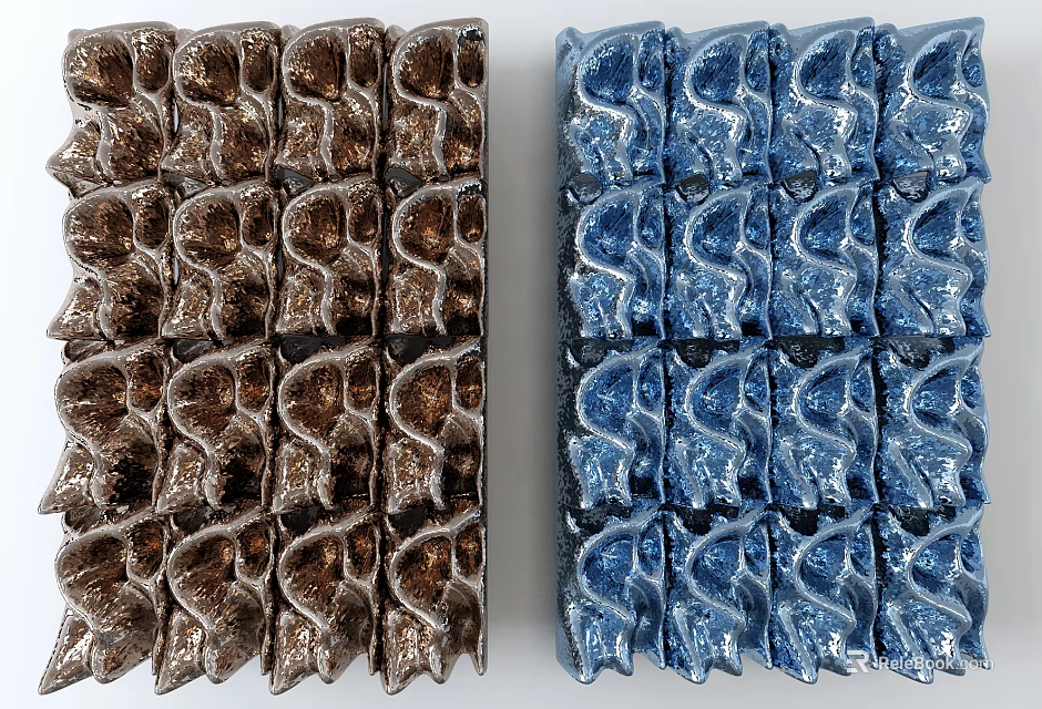 Brown and Blue Wavy Shell Shaped Wall Decor with Patterned Units Design 3d model 