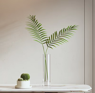 Transparent Vase with Fresh Green Palm Leaves and Small Cactus Accent 3d model