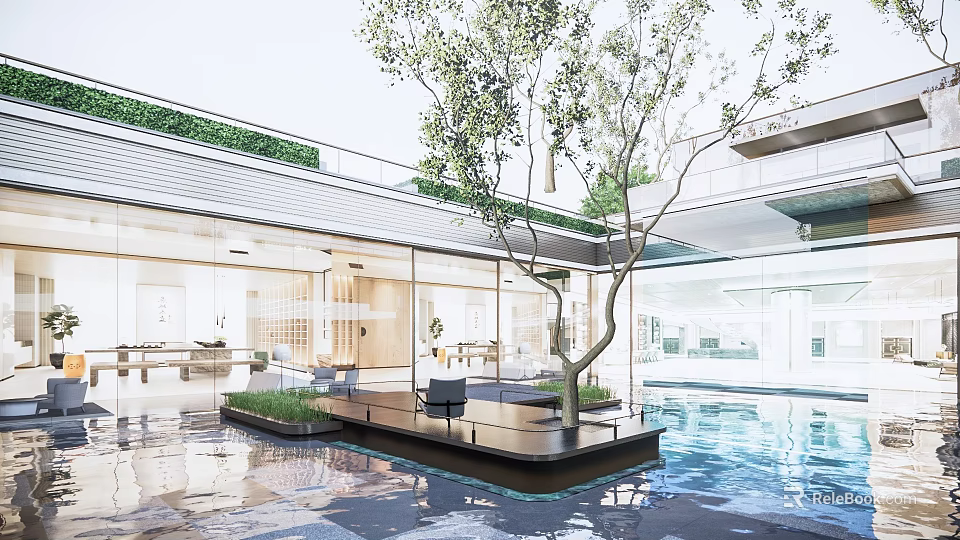 Modern Residential Landscape With Glass Facade Courtyard Water Pool Tree And Platform Seating 3d model 