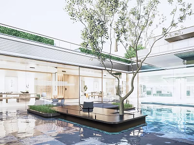 Modern Residential Landscape With Glass Facade Courtyard Water Pool Tree And Platform Seating 3d model