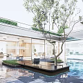Modern Residential Landscape With Glass Facade Courtyard Water Pool Tree And Platform Seating