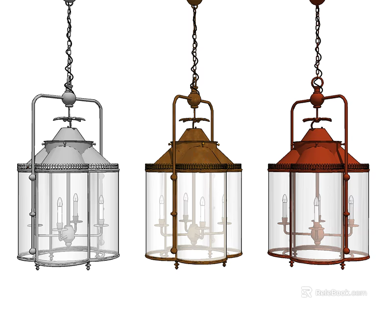 Three Different Colored Lantern Shaped Chandeliers With Glass Shades And Hanging Chains 3d model 