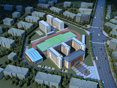 Aerial View Of Modern School Building With Classroom Complex Track Field And Greenery 3d model