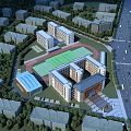 Aerial View Of Modern School Building With Classroom Complex Track Field And Greenery