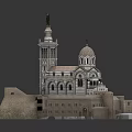 European Style Architectural Model With Bell Tower Dome And Stone Walls