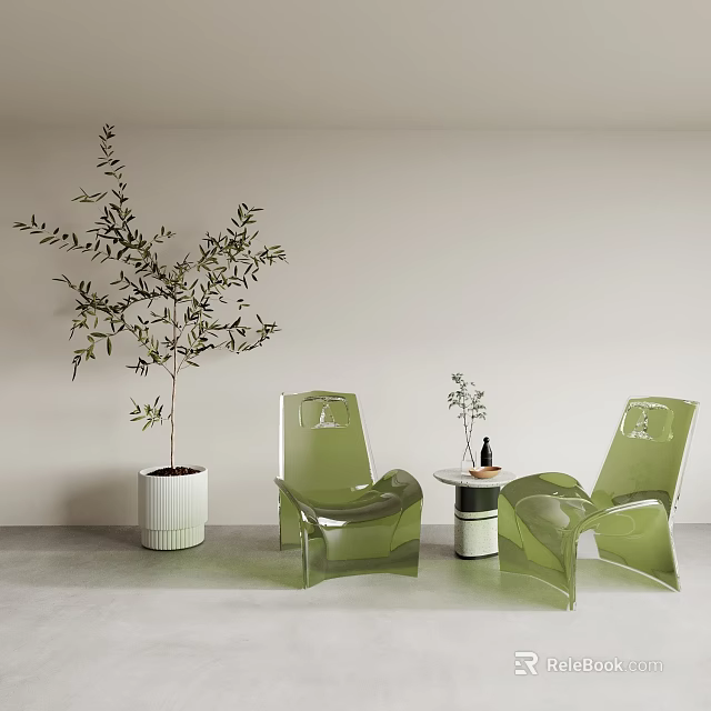 Transparent Green Accent Chairs with Small Round Table and Olive Tree in Modern Indoor Space 3d model 